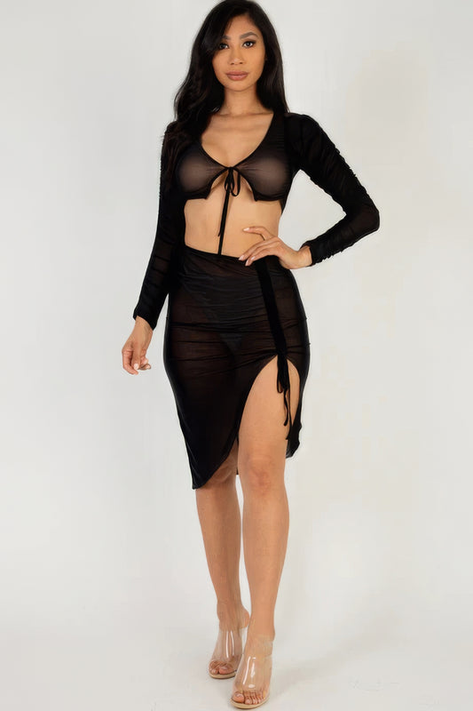 Sexy Sheer Mesh Drawstring Ruched Skirt