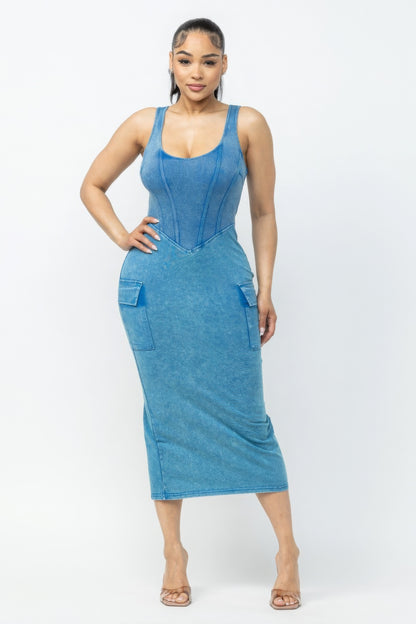 Acid Washed Cargo Midi Dress