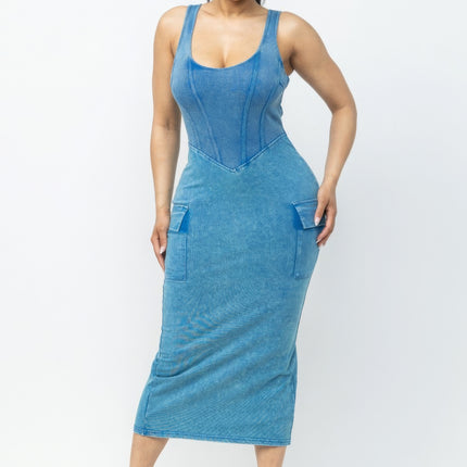 Acid Washed Cargo Midi Dress