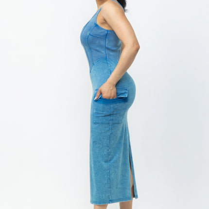 Acid Washed Cargo Midi Dress