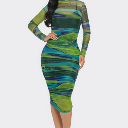 Glitch Print Mesh Ruched Midi Dress