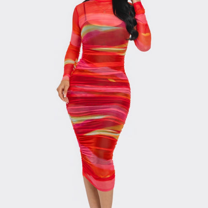 Glitch Print Mesh Ruched Midi Dress