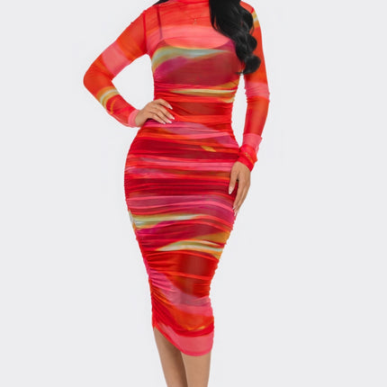 Glitch Print Mesh Ruched Midi Dress