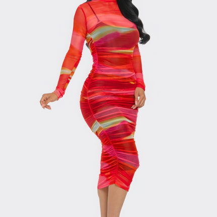 Glitch Print Mesh Ruched Midi Dress