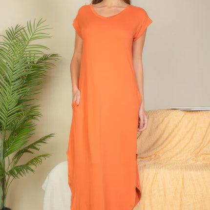 Hidden Pocket Batwing Sleeve V Neck Long Dress