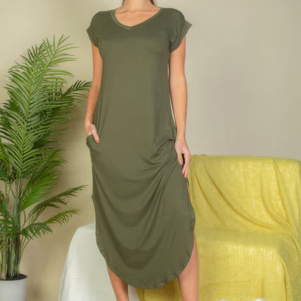 Hidden Pocket Batwing Sleeve V Neck Long Dress