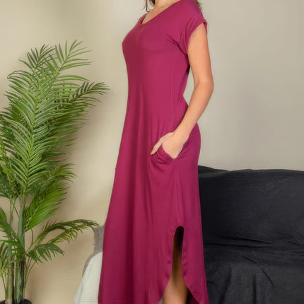 Hidden Pocket Batwing Sleeve V Neck Long Dress