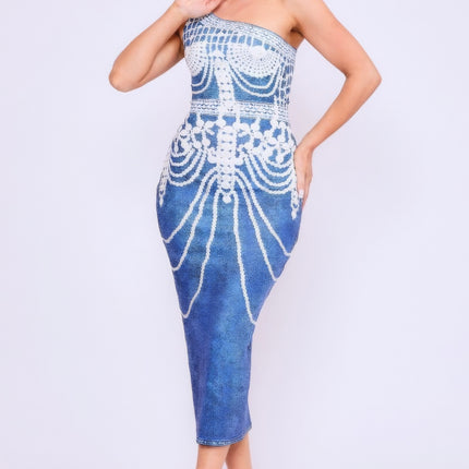 One Shoulder Denim Print Dress