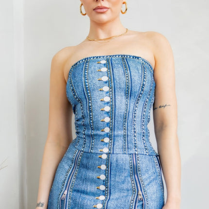 Denim Effect Corset Top & Bottom Set