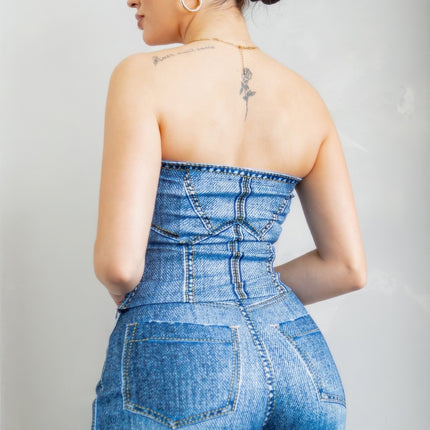 Denim Effect Corset Top & Bottom Set