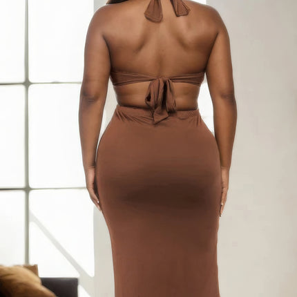 Plus Size Cut-out Halter Neck Double Back Tie Split Thigh Midi Dress