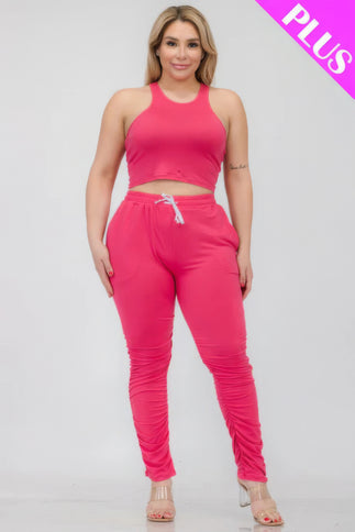 Plus Size Crop Tank Top & Ruched Pants Set