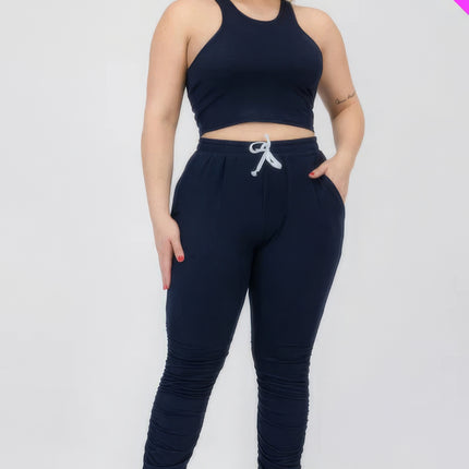 Plus Size Crop Tank Top & Ruched Pants Set