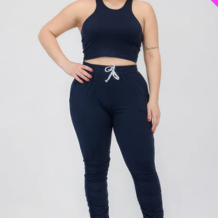 Plus Size Crop Tank Top & Ruched Pants Set