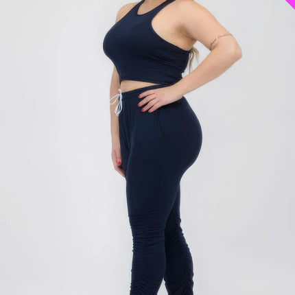 Plus Size Crop Tank Top & Ruched Pants Set