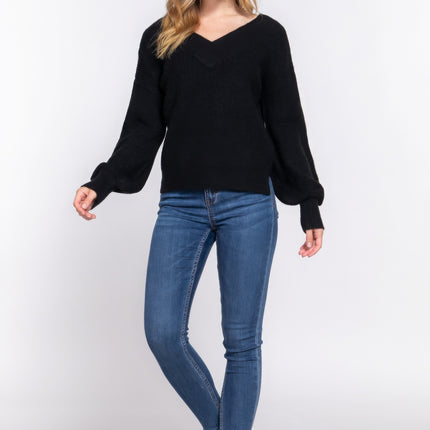 Long Slv Double V-neck Sweater