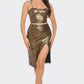 Pu Cheetah Print Top & Front Wrap Slit Skirt Set