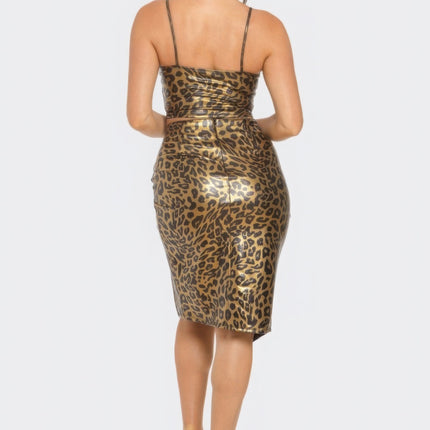 Pu Cheetah Print Top & Front Wrap Slit Skirt Set