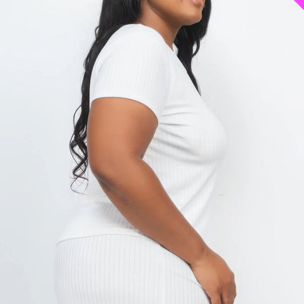 Plus Size Ribbed Short Sleeve Top&shorts Set