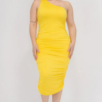 Plus Size Sexy Solid Color Ruched One Shoulder Midi Bodycon Dress