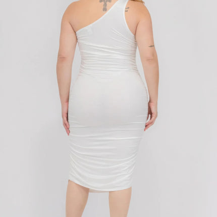 Plus Size Sexy Solid Color Ruched One Shoulder Midi Bodycon Dress