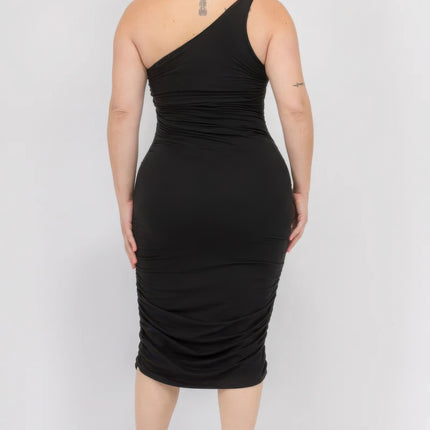 Plus Size Sexy Solid Color Ruched One Shoulder Midi Bodycon Dress