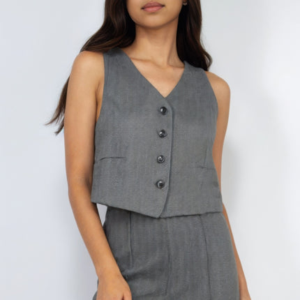 Herringbone V-neck Buttoned Vest Top