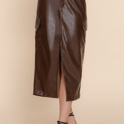 Faux Leather Midi Cargo Skirt