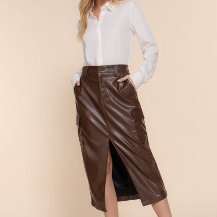 Faux Leather Midi Cargo Skirt