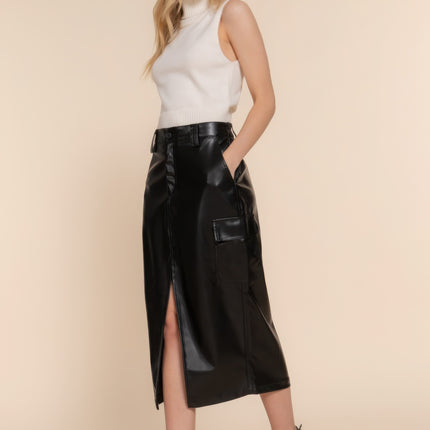 Faux Leather Midi Cargo Skirt