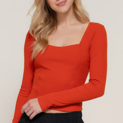 Long slv sweetheart neck seam detail knit top