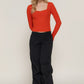 Long slv sweetheart neck seam detail knit top