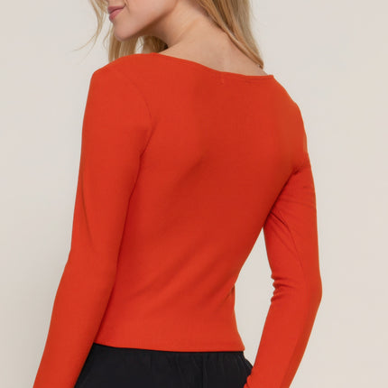 Long slv sweetheart neck seam detail knit top