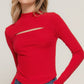 Long slv mock neck kyehole rib knit top