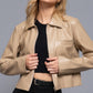 Long slv shirt collar faux leather jacket