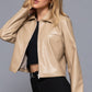 Long slv shirt collar faux leather jacket