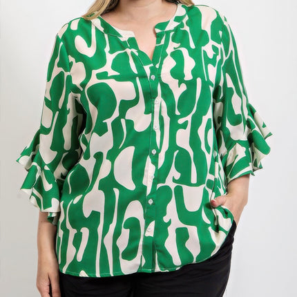 Geometric print ruffled bell sleeve woven top