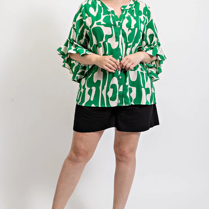 Geometric print ruffled bell sleeve woven top