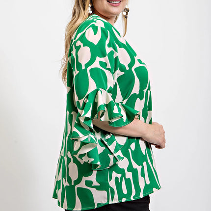 Geometric print ruffled bell sleeve woven top