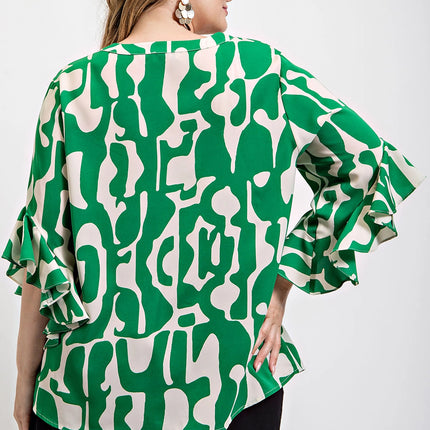 Geometric print ruffled bell sleeve woven top