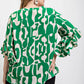 Geometric print ruffled bell sleeve woven top