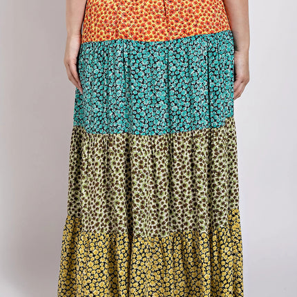 Ditsy floral color block skirt with front slit