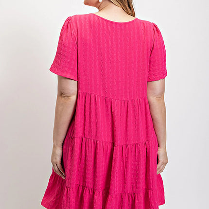 Textured woven tiered dress with tassel tie and pockets