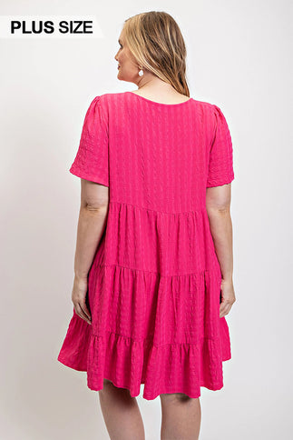 Textured woven tiered dress with tassel tie and pockets