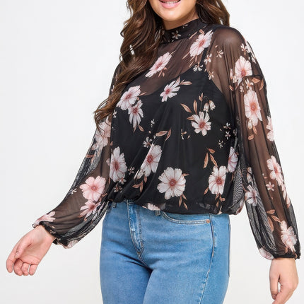 Mesh Floral Ls Top W/cami