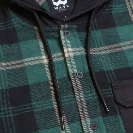 Contrast Pocket Plaid Hooded Shirt