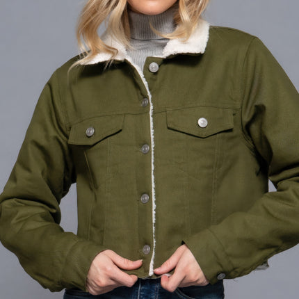 Button Closure Sherpa-lined Twill Jacket