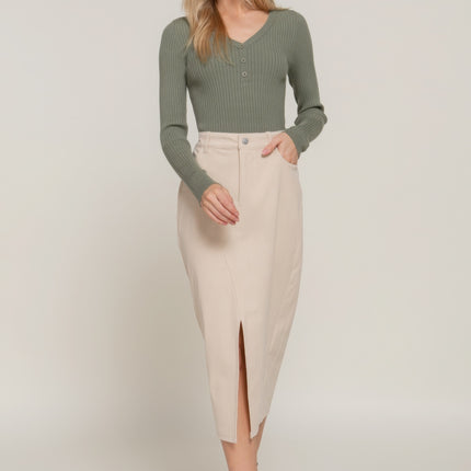 Front Open Slit Corduroy Midi Skirt