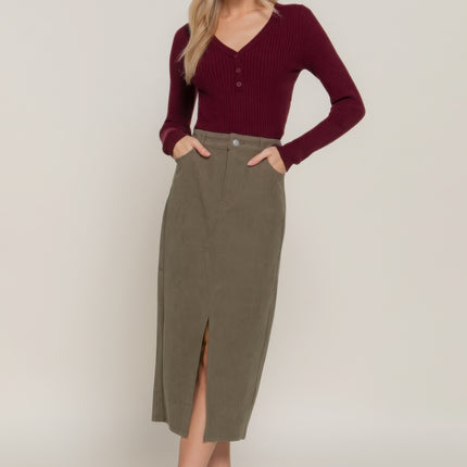 Front Open Slit Corduroy Midi Skirt