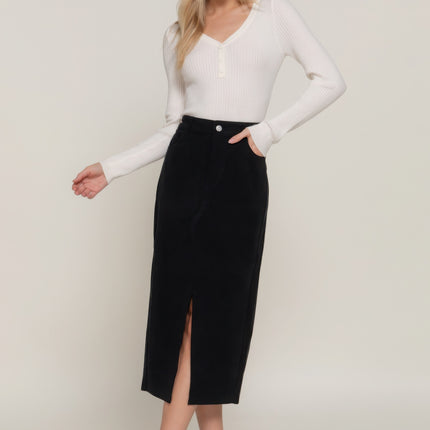 Front Open Slit Corduroy Midi Skirt